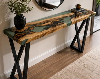 Olive Green Epoxy Console Table, Handmade Wood Resin Entryway Table, Modern Hallway Sofa Table, Live Edge Foyer Accent Furniture