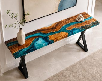 Handmade Epoxy Console Table, Blue Resin River Wood Entryway Table, Live Edge Sofa Table, Luxury Hallway Table, Modern Resin Furniture
