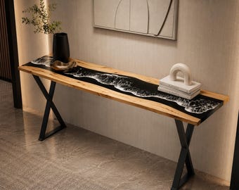 Black Resin River Console Table, Handmade Wood Entryway Table, Modern Hallway Accent Table, Live Edge Sofa Table, Minimalist Foyer Decor