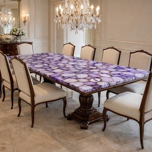 Lavender Amethyst Agate Dining Table, Rectangular Crystal Stone Surface, Designer Handmade Exclusive Furniture, Elegant Interior Feature