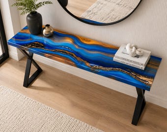 Blue Ocean Epoxy Console Table, Handmade Resin Wood Entryway Table, Modern Hallway Accent Table, Abstract River Sofa Table