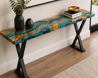 Aqua Blue Epoxy Console Table, Handmade Wood Resin Entryway Table, Modern Hallway Sofa Table, Abstract Foyer Accent Furniture