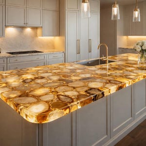 Amber Gold Agate Dining Table, Rectangular Gemstone Surface, Designer Luxury Dining Setup, Handmade Furniture, Elegant Interior Statement