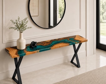 Teal Green Epoxy Console Table, Handmade Wood Resin Entryway Bench Table, Modern Hallway Accent Table, Slim Sofa Back Table, Foyer Decor