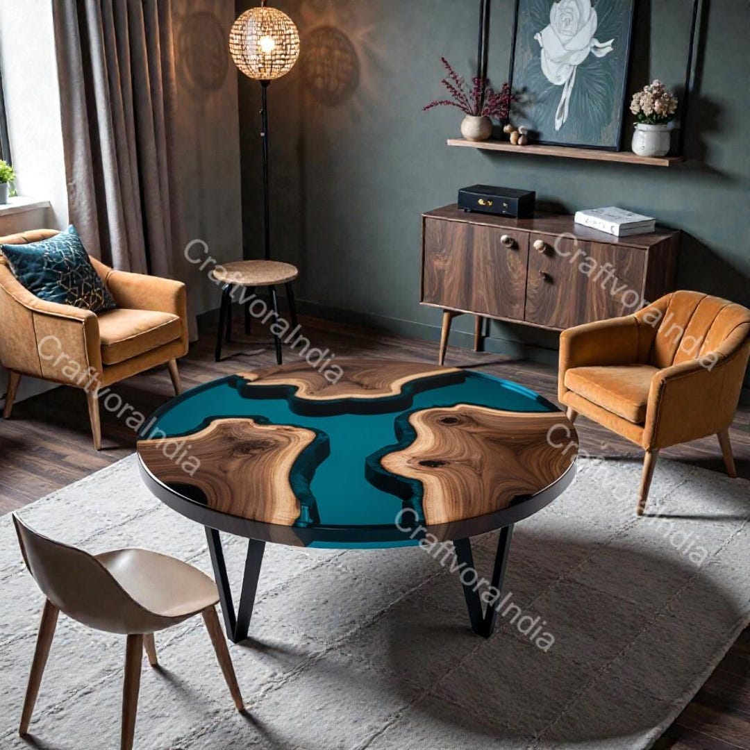 Round Live Edge Epoxy Coffee Table Walnut Side Table Mid Century Modern ...