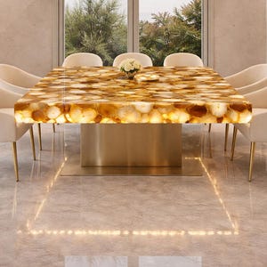 Golden Honey Agate Dining Table, Rectangular Crystal Stone Top, Luxury Designer Dining Setup, Elegant Interior Centerpiece