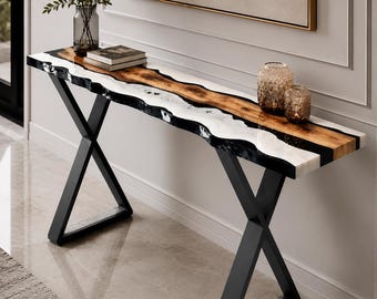 Black White Epoxy Console Table, Handmade Wood Resin Entryway Table, Modern Hallway Sofa Table, Luxury Live Edge Foyer Furniture