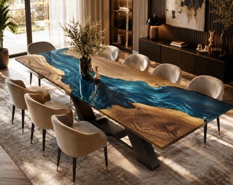 Handmade Blue Epoxy River Dining Table, Luxury Live Edge Wood Table, Modern Resin Dining Room Furniture
