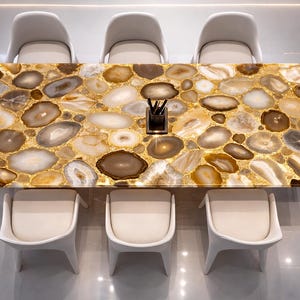 Amber Gold Agate Dining Table, Rectangular Gemstone Surface, Designer Luxury Dining Setup, Exclusive Furniture, Elegant Interior Statement