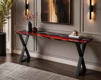 Red Lava Epoxy Console Table, Handmade Wood Resin Hallway Table, Dark Modern Entryway Table, Live Edge Sofa Table, Statement Foyer Decor