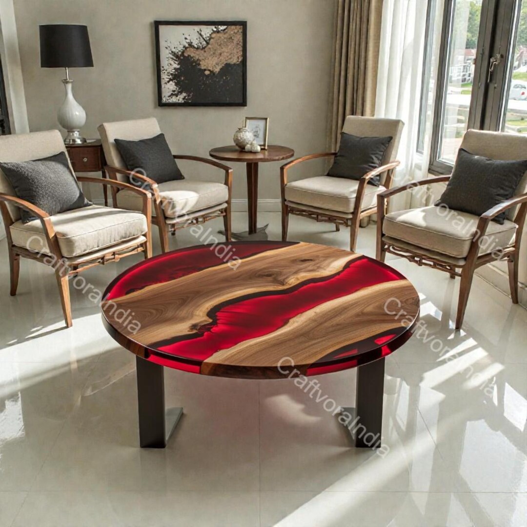 Round Live Edge Epoxy Coffee Table Walnut Side Table Mid Century Modern ...