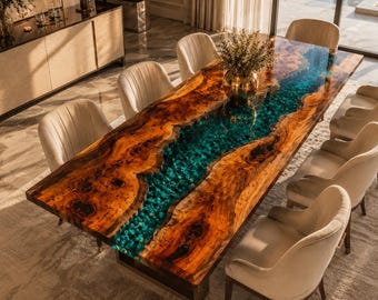 Luxury Live Edge Epoxy Dining Table, Blue River Resin Table, Handmade Wooden Dining Table, Modern Statement Furniture