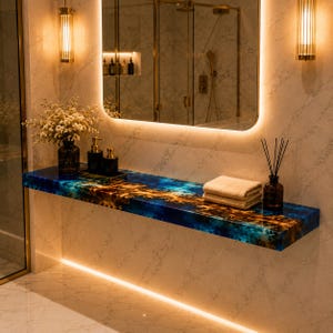 Peut inclure: Une étagère de salle de bain suspendue avec une surface en résine polie bleue et dorée au motif marbré. L'étagère supporte un vase en verre foncé avec des fleurs blanches, deux distributeurs de savon noirs, des serviettes blanches et un diffuseur.