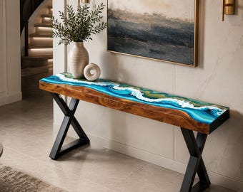 Ocean Wave Epoxy Console Table, Handmade Wood Resin Entryway Table, Modern Hallway Sofa Table, Coastal Foyer Accent Furniture