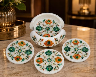 Handmade White Marble Coaster Set with Green Orange Floral Inlay, Round Stone Drink Coasters with Holder, Luxury Table Decor Gift