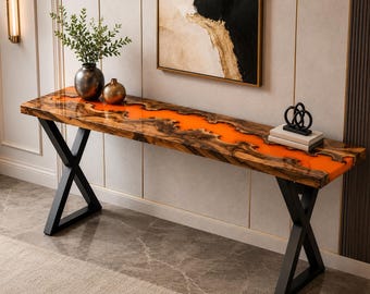 Orange Resin Console Table, Handmade Wood Epoxy Entryway Table, Modern Hallway Sofa Table, Live Edge Accent Furniture, Luxury Foyer Decor