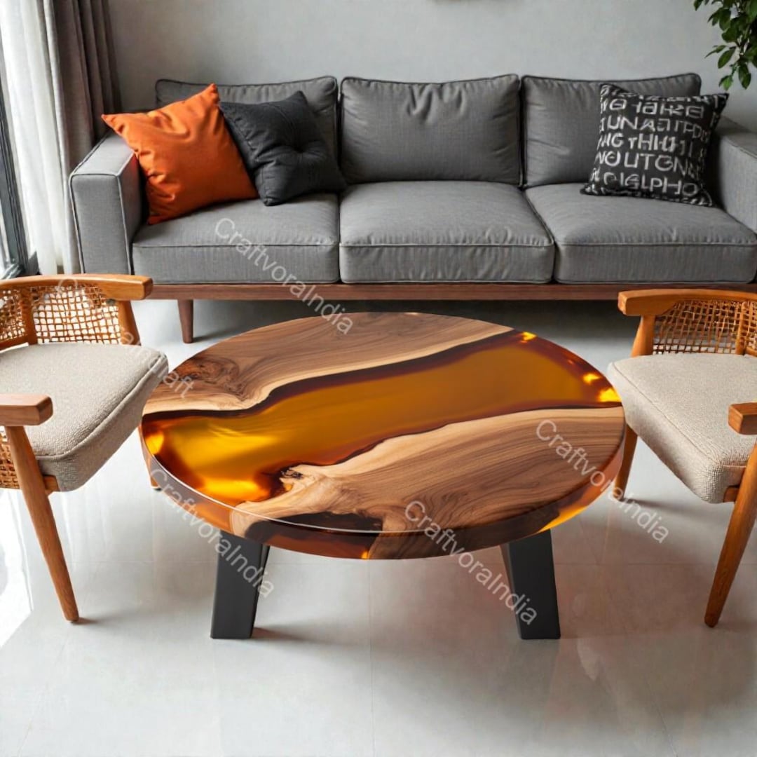 Round Live Edge Epoxy Coffee Table Walnut Side Table Mid Century Modern ...