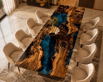Black Blue Epoxy Dining Table, Burl Wood Resin Table, Luxury Live Edge Dining Room Table, Handmade Statement Table