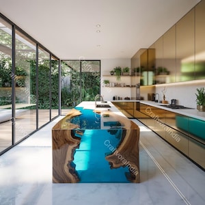Puede incluir: Isla de cocina moderna con un diseño de madera de borde vivo y un centro de resina epoxi azul vibrante. La isla cuenta con un grifo de acero inoxidable y está rodeada de ventanales y gabinetes dorados. La cocina tiene un diseño minimalista.