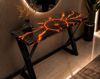 Lava Glow Epoxy Console Table, Handmade Black Resin Entryway Table, Modern Hallway Sofa Table, Fire Pattern Foyer Furniture