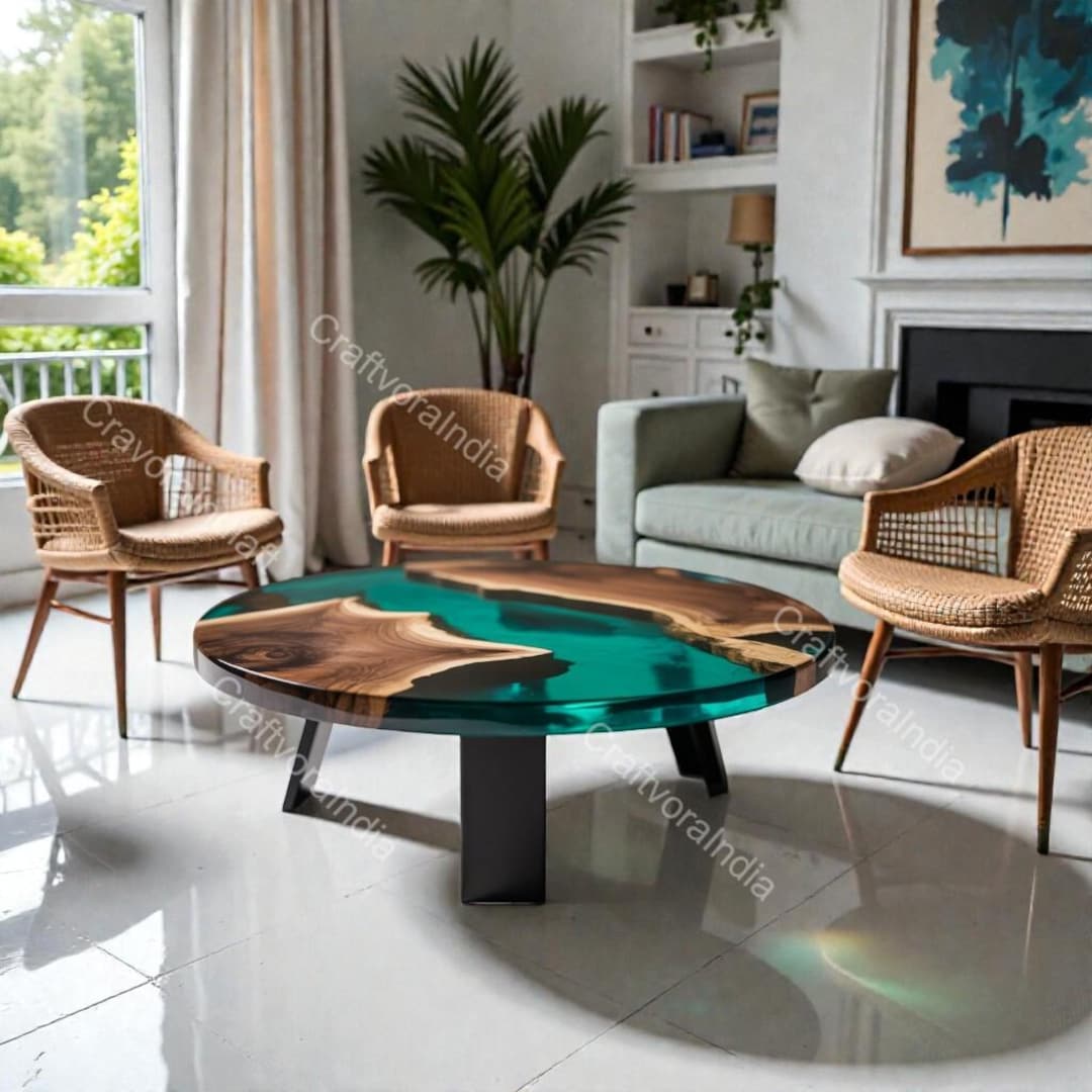 Round Live Edge Epoxy Coffee Table Walnut Side Table Mid Century Modern ...