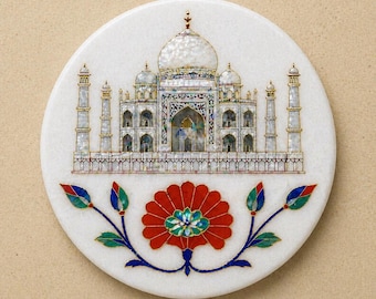 Azulejo redondo de mármol Taj Mahal hecho a mano con incrustaciones, decoración de pared de mármol blanco, arte en piedra de la herencia india, regalo de lujo para la mesa