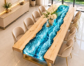 Mesa de comedor Blue Epoxy River, mesa de resina de madera con borde natural, mesa de comedor rectangular de lujo, mesa Ocean personalizada hecha a mano