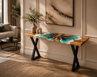 Turquoise Floral Epoxy Console Table, Handmade Wood Resin Entryway Table, Artistic Hallway Sofa Table, Modern Foyer Accent Furniture