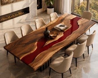 Red Epoxy River Dining Table, Handmade Live Edge Wood Table, Luxury Resin Dining Room Furniture, Modern Statement Table