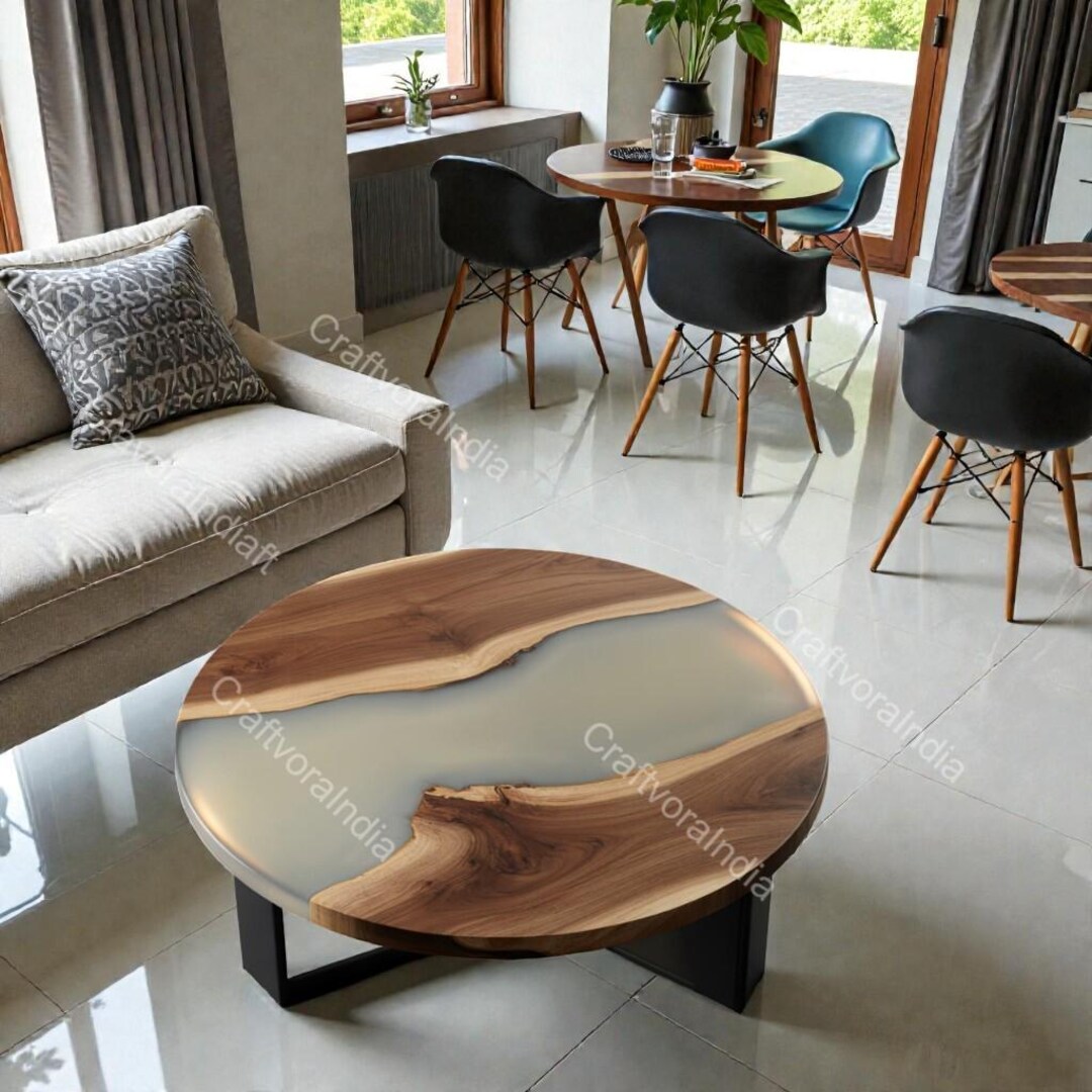 Round Live Edge Epoxy Coffee Table Walnut Side Table Mid Century Modern ...