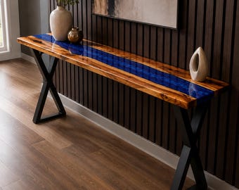 Blue River Epoxy Console Table, Handmade Wood Entryway Table, Modern Hallway Sofa Table, Live Edge Resin Accent Furniture