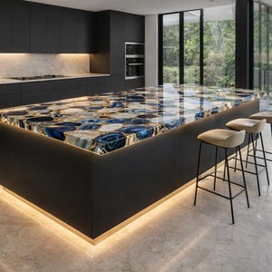 Midnight Blue Agate Kitchen Island with LED Glow, Illuminated Gemstone Counter, Ultra Luxury Slab, Custom Architectural Statement Piece
