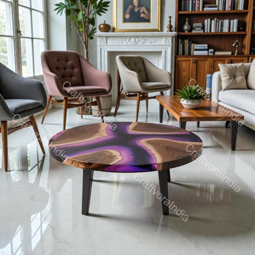 Round Live Edge Epoxy Coffee Table Walnut Side Table Mid Century Modern ...