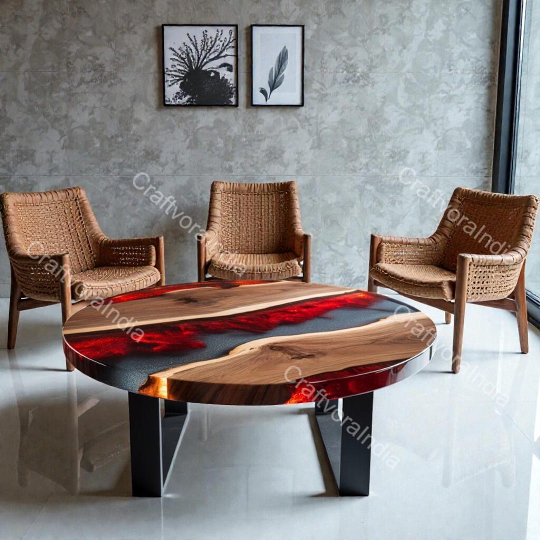 Round Live Edge Epoxy Coffee Table Walnut Side Table Mid Century Modern ...