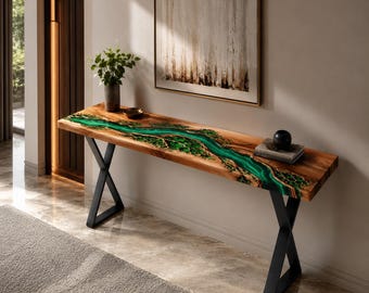 Emerald Green Epoxy Console Table, Handmade Wood Resin Entryway Table, Modern Hallway Sofa Table, Luxury Foyer Accent Furniture