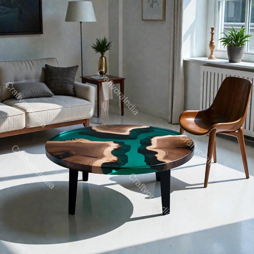 Round Live Edge Epoxy Coffee Table Walnut Side Table Mid Century Modern ...