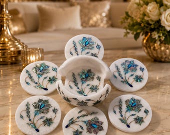 Handmade White Marble Coaster Set with Blue Green Floral Inlay, Round Stone Drink Coasters with Holder, Luxury Table Decor Gift