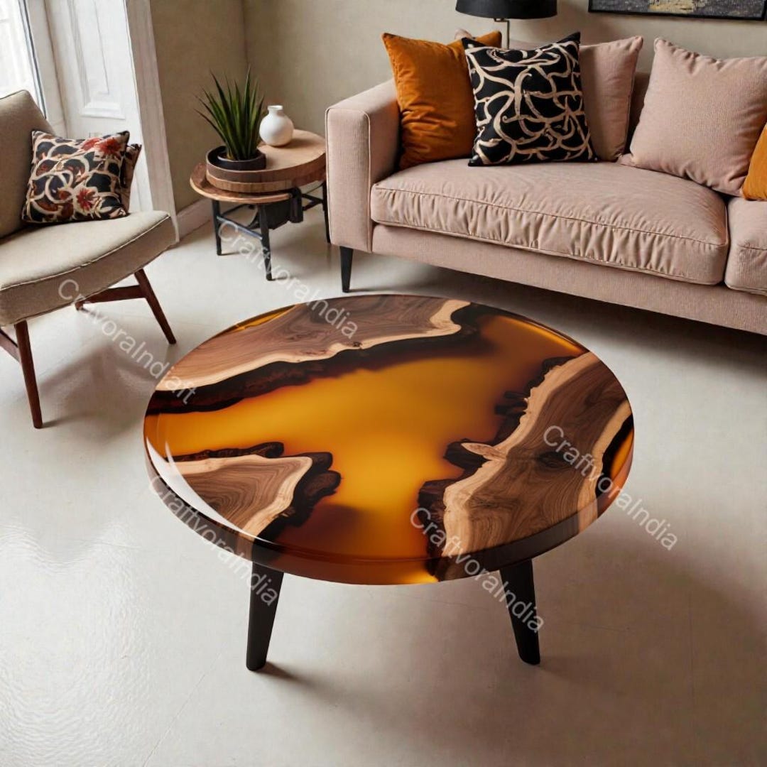 Round Live Edge Epoxy Coffee Table Walnut Side Table Mid Century Modern ...