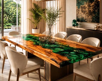 Green Epoxy Resin Dining Table, Live Edge Wood River Table, Handmade Luxury Dining Room Table, Custom Modern Statement Table