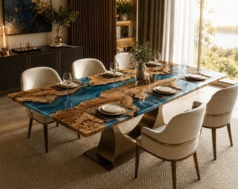 Blue Resin River Dining Table, Olive Wood Epoxy Dining Table, Handmade Live Edge Luxury Table, Modern Custom Dining Room Table