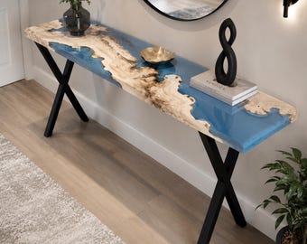 Blue Epoxy Entryway Console Table, Handmade Maple Wood Hallway Table, Modern Resin Sofa Table, Artistic Foyer Accent Furniture