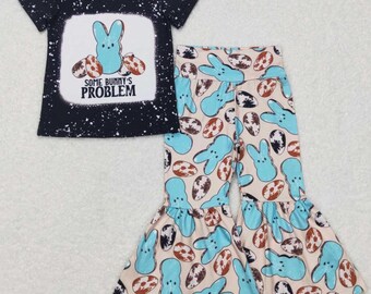 Toddler Children Peeps Happy Easter April Purple Two Piece Outfit Bunny Rabbit Easter Egg Hunt Spring Shirt Chilling With My Bunnies Floral