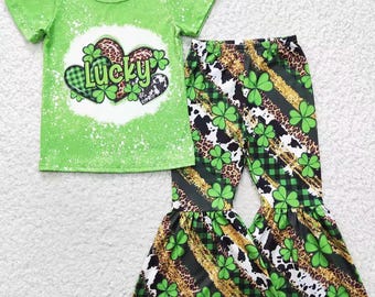 Bell Bottoms Kids St Patrick’s Day Irish Lucky Leprechaun Short Sleeve Outfit Set Children March 17 Toddler Sassy Lassie Fashion