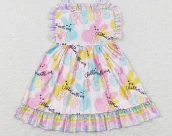 Toddler Children Peeps Happy Easter April Purple Twirl Dress Outfit Bunny Rabbit Easter Egg Hunt Spring Shirt Chilling With My Floral