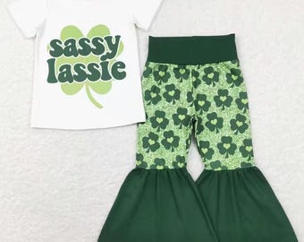 Bell Bottoms Kids St Patrick’s Day Irish Lucky Leprechaun Short Sleeve Outfit Set Children March 17 Toddler Sassy Lassie Fashion