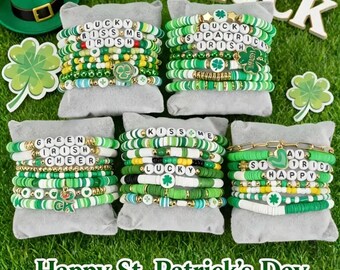 St Patrick’s Day Green Bracelet Irish Kisses Random Fashion Bracelet Shamrock Lucky Bohemian Beaded Gift Clover Hat Kiss Me