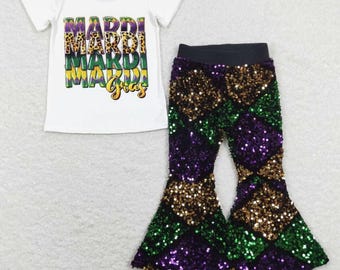 Toddler Children Mardi Gras Two Piece Costume Wear Festival Colorful Purple Yellow Green Celebration New Orleans Beaded Outfit Kids Clothes