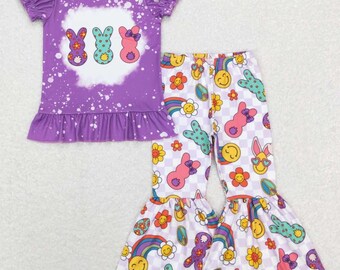 Toddler Children Peeps Happy Easter April Purple Two Piece Outfit Bunny Rabbit Easter Egg Hunt Spring Shirt Chilling With My Bunnies Floral