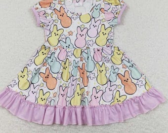 Toddler Children Peeps Happy Easter April Purple Twirl Dress Outfit Bunny Rabbit Easter Egg Hunt Spring Shirt Chilling With My Floral