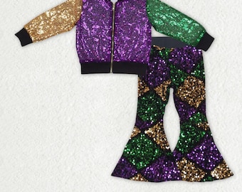 Toddler Children Mardi Gras Two Piece Costume Wear Festival Colorful Purple Yellow Green Celebration New Orleans Beaded Outfit Kids Clothes